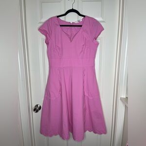 eShakti Pink Fit Flare Dress Scalloped Pockets